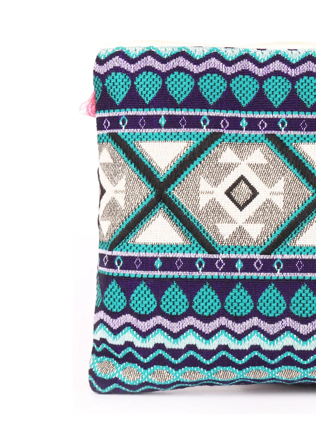 Green With Blue Colour Multi Pattern Woven Makeup/Travel Pouch With Tassels