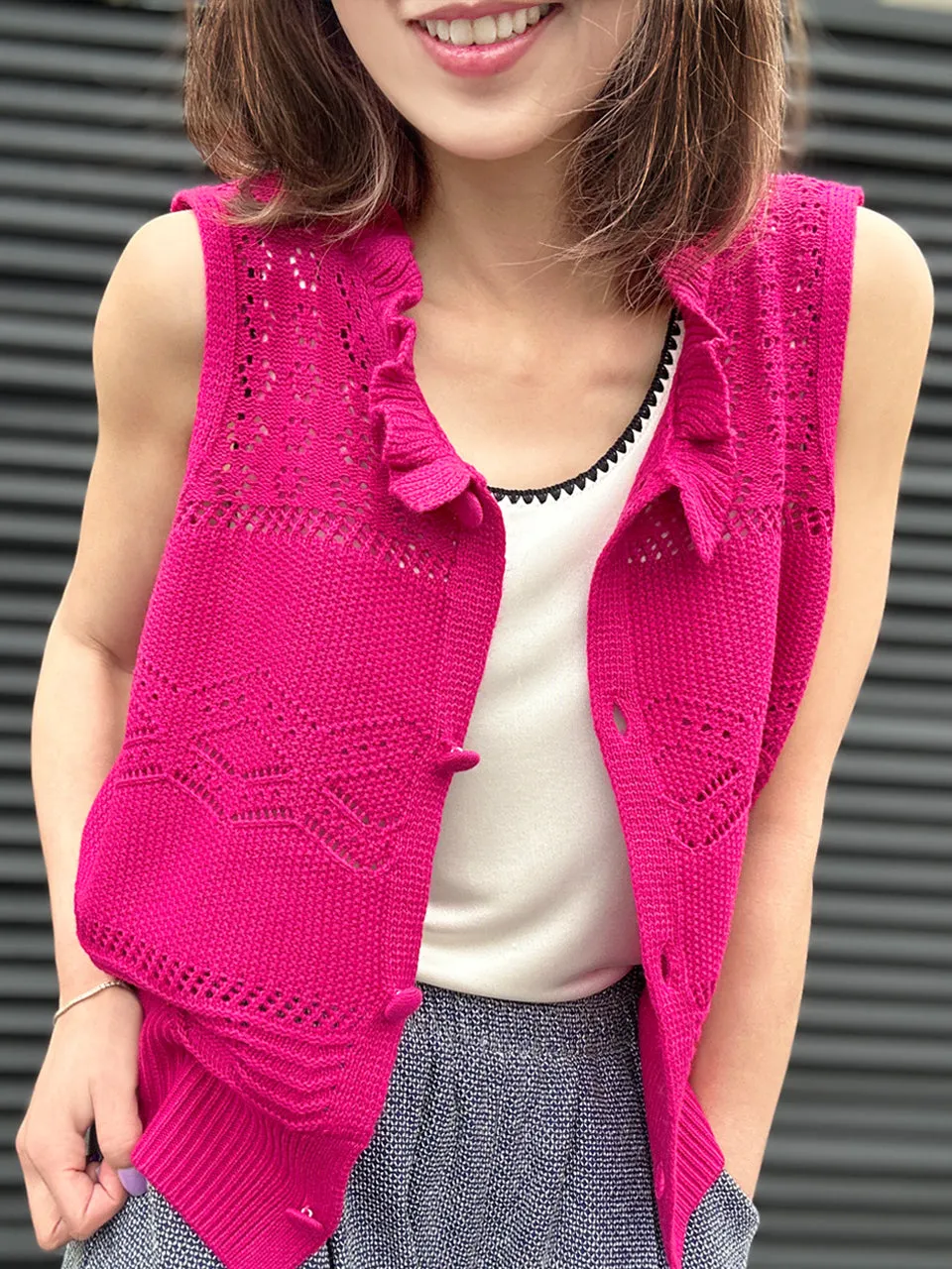 Hot Pink Ruffle Collar Pattern-stitched Button Front Vest