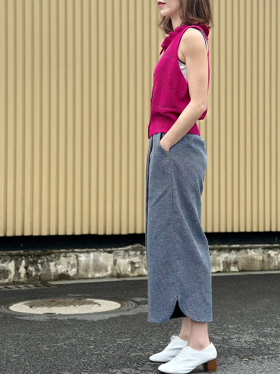 Hot Pink Ruffle Collar Pattern-stitched Button Front Vest