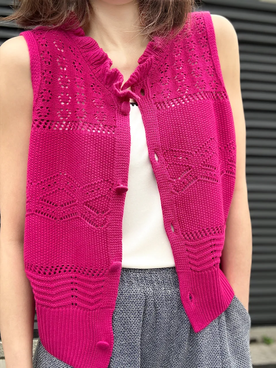 Hot Pink Ruffle Collar Pattern-stitched Button Front Vest