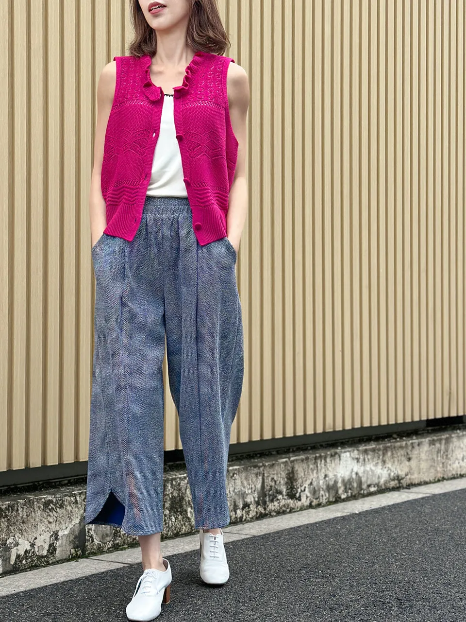 Hot Pink Ruffle Collar Pattern-stitched Button Front Vest