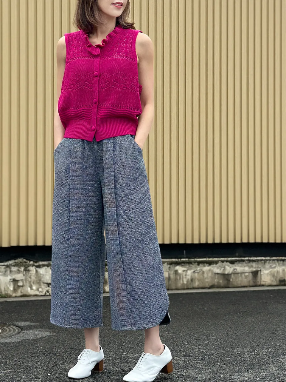 Hot Pink Ruffle Collar Pattern-stitched Button Front Vest