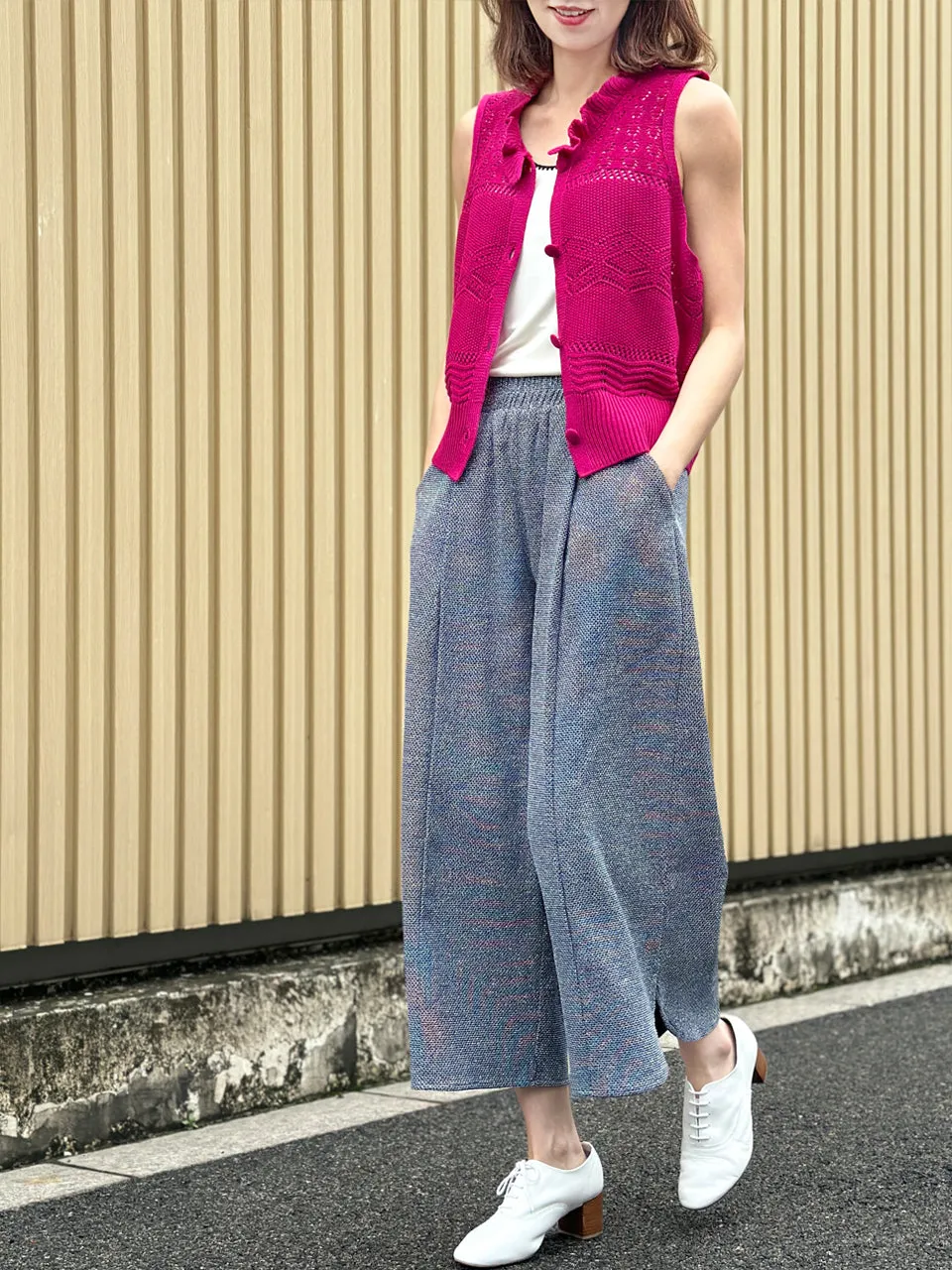 Hot Pink Ruffle Collar Pattern-stitched Button Front Vest