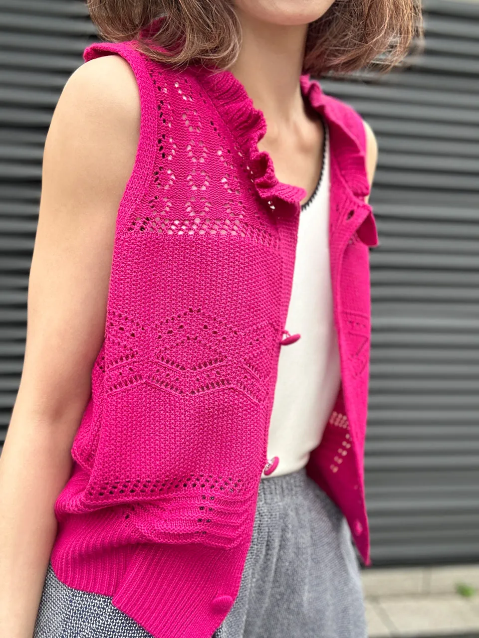 Hot Pink Ruffle Collar Pattern-stitched Button Front Vest