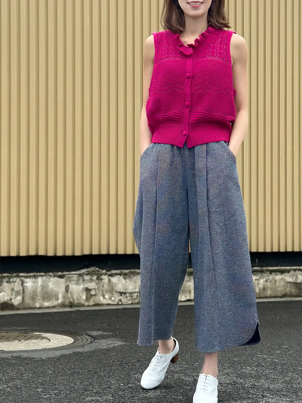 Hot Pink Ruffle Collar Pattern-stitched Button Front Vest