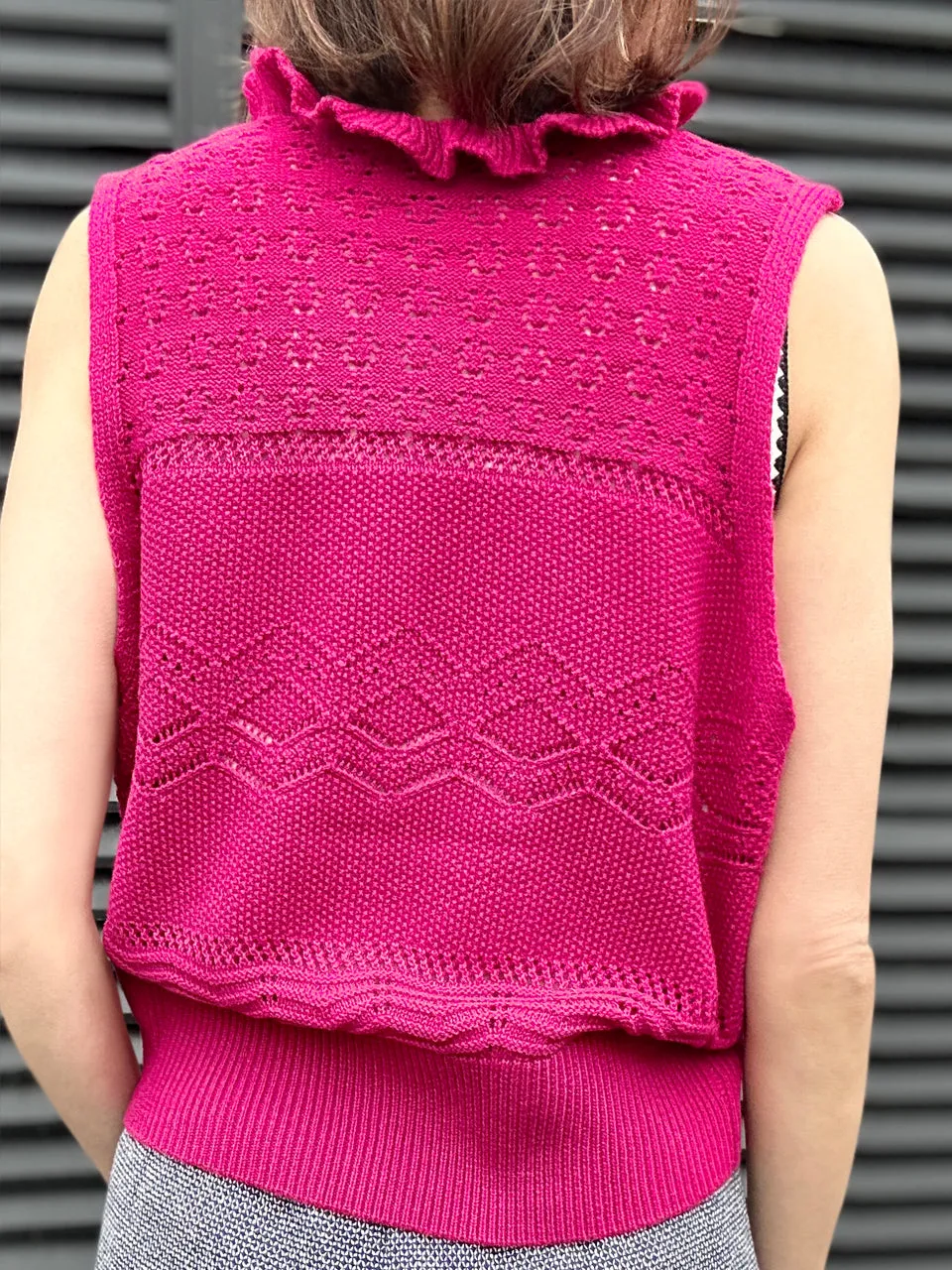 Hot Pink Ruffle Collar Pattern-stitched Button Front Vest