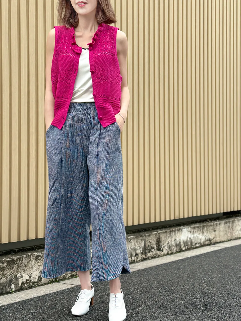 Hot Pink Ruffle Collar Pattern-stitched Button Front Vest