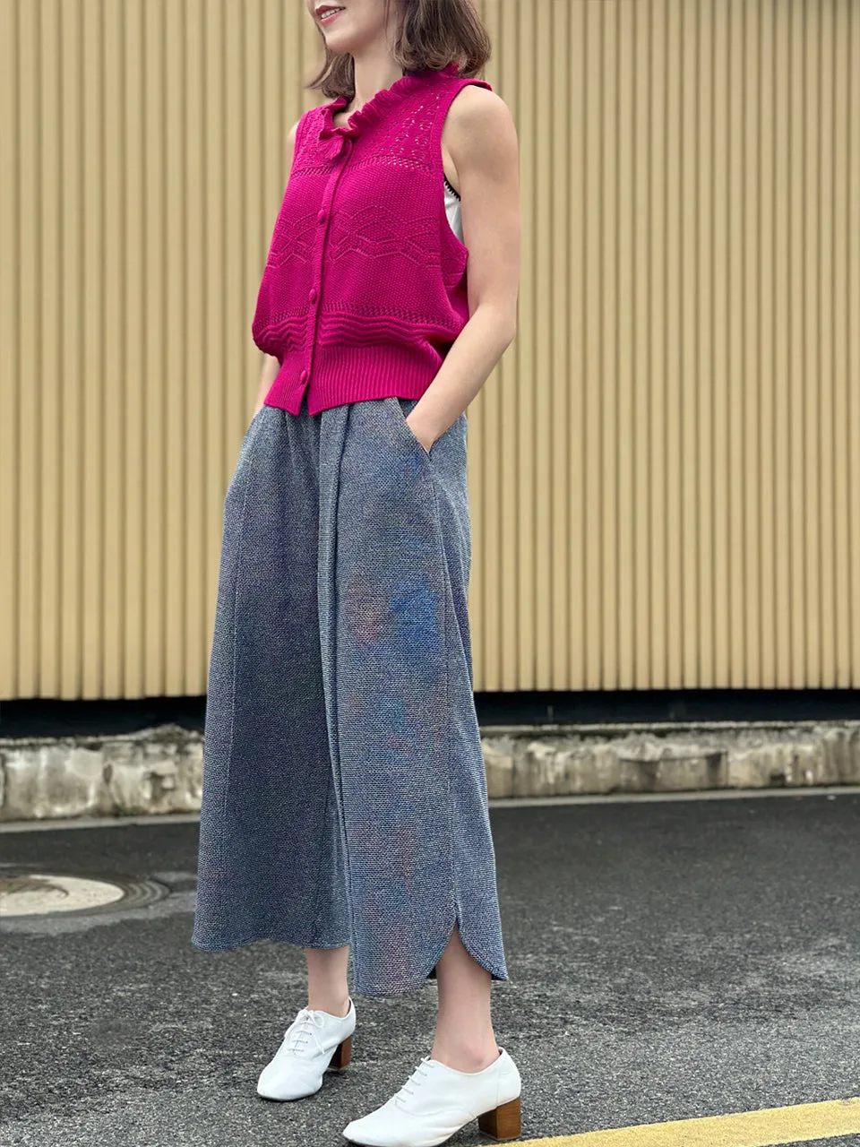 Hot Pink Ruffle Collar Pattern-stitched Button Front Vest
