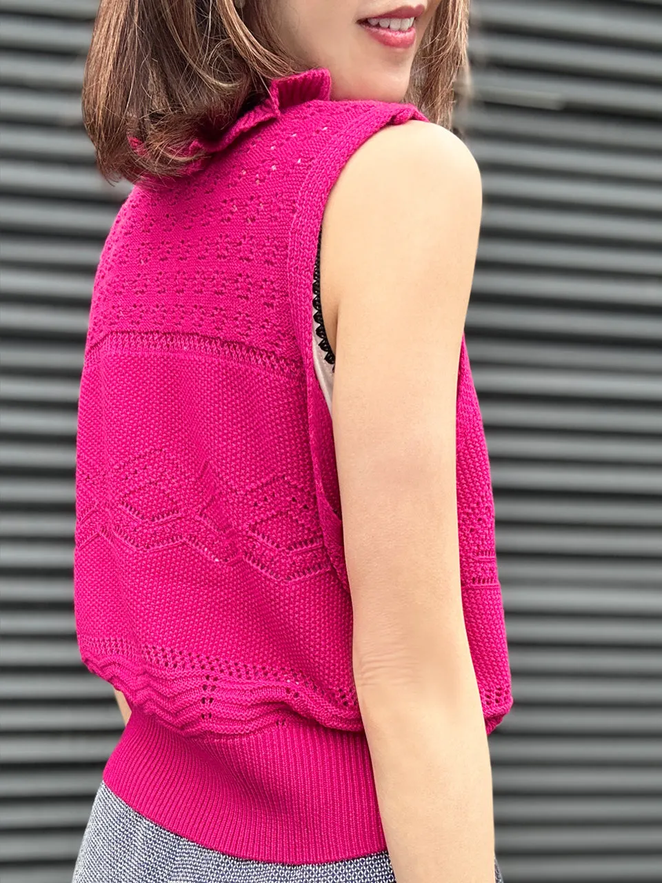 Hot Pink Ruffle Collar Pattern-stitched Button Front Vest