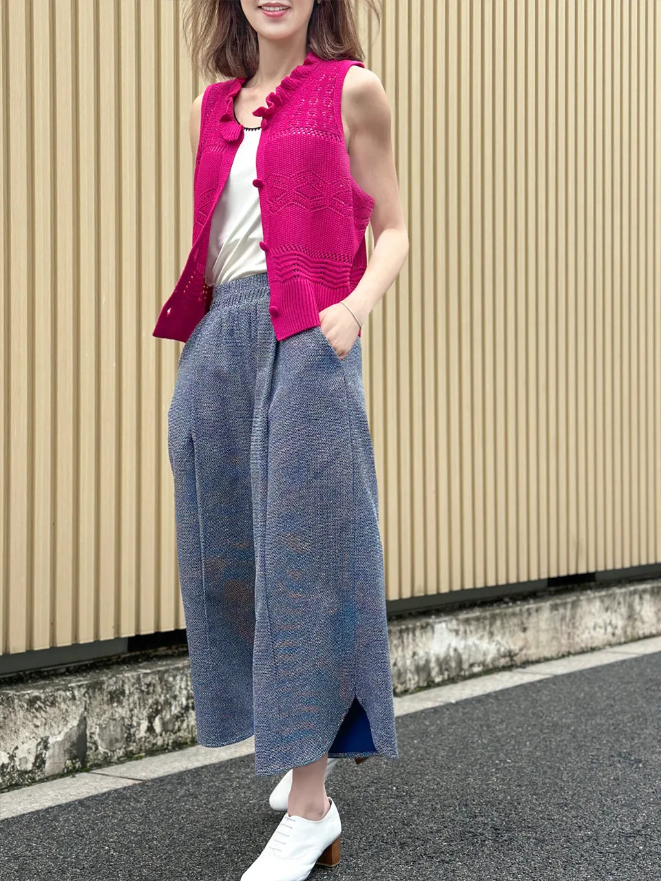 Hot Pink Ruffle Collar Pattern-stitched Button Front Vest