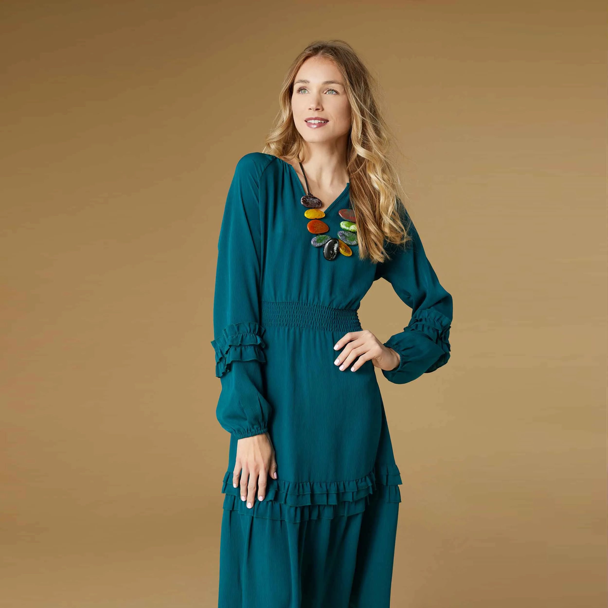 Isabelle V-Neck Tiered Ruffle Dress - Mediterranea