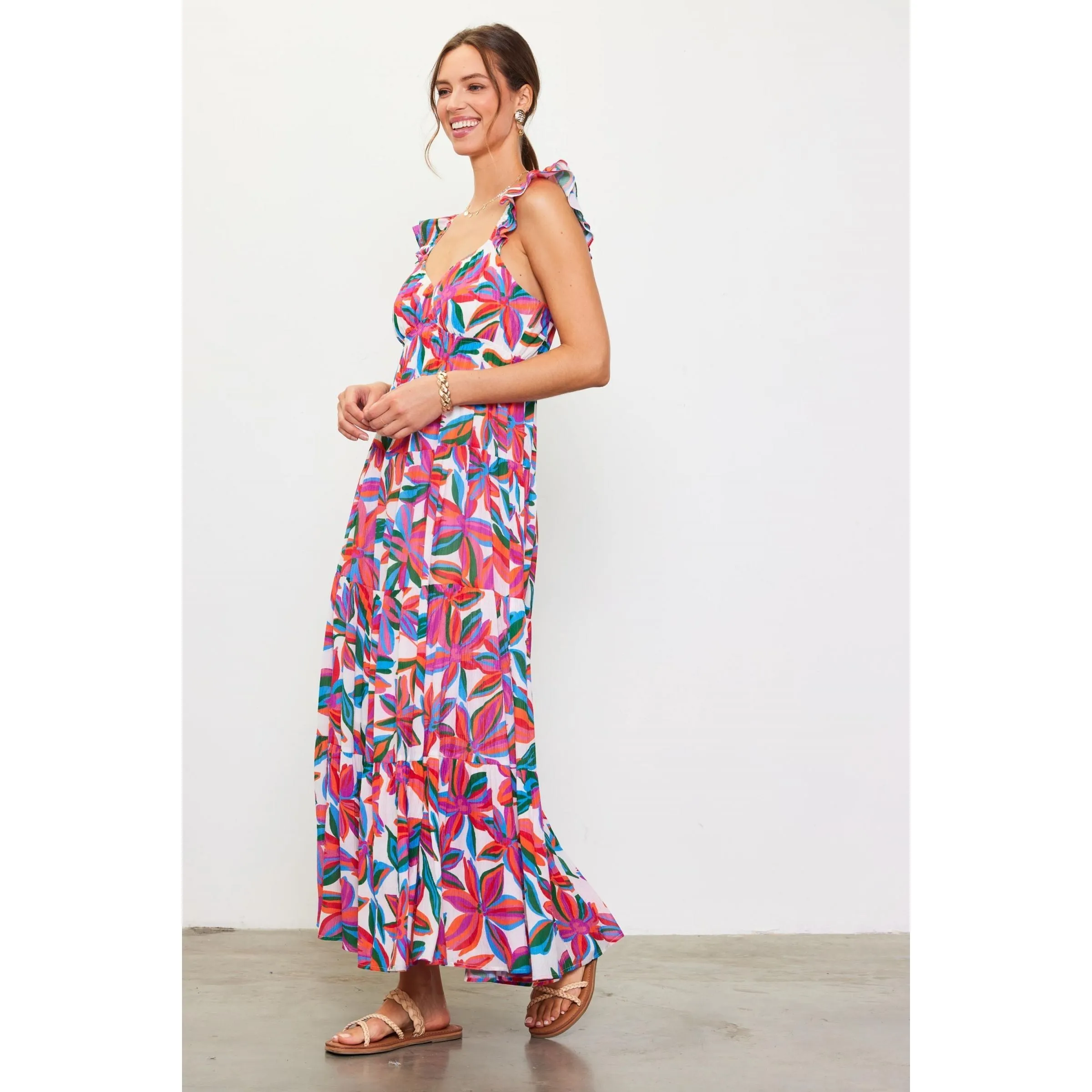 Maddy Floral Print Ruffle Skies are Blue Dress- SALE