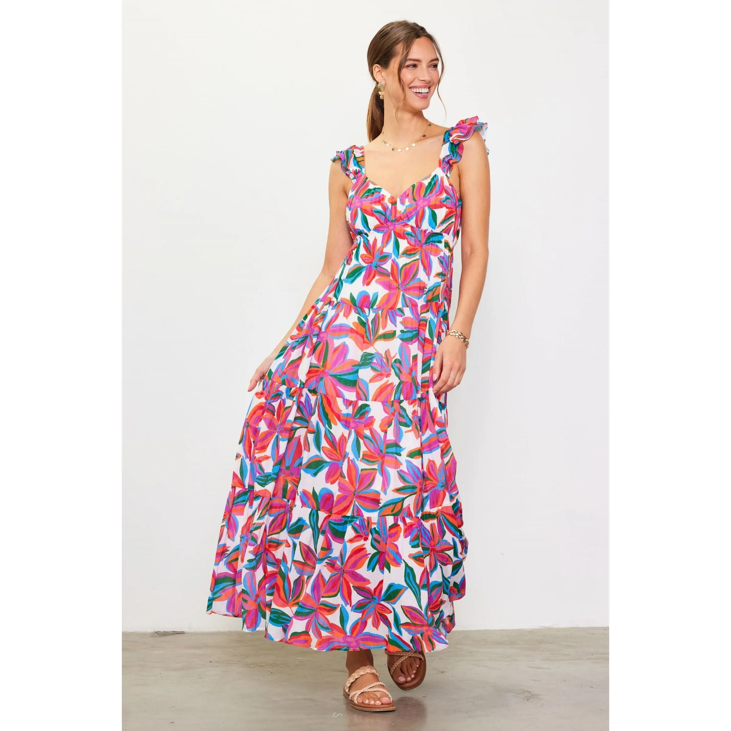 Maddy Floral Print Ruffle Skies are Blue Dress- SALE