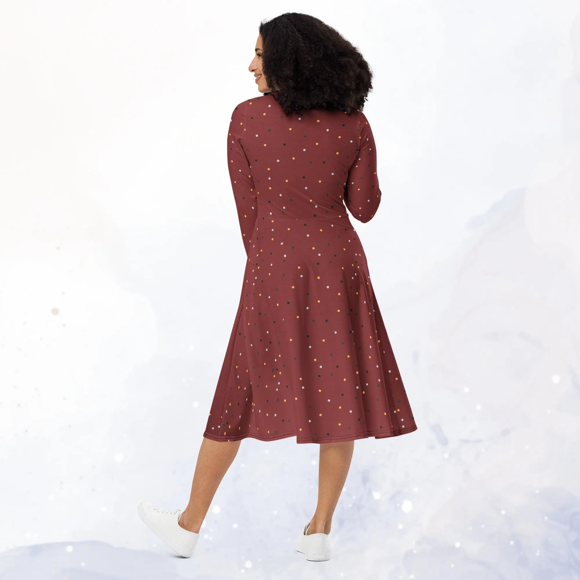 Maroon and Gold Polka Dot Long Sleeve Midi Dress with Pockets