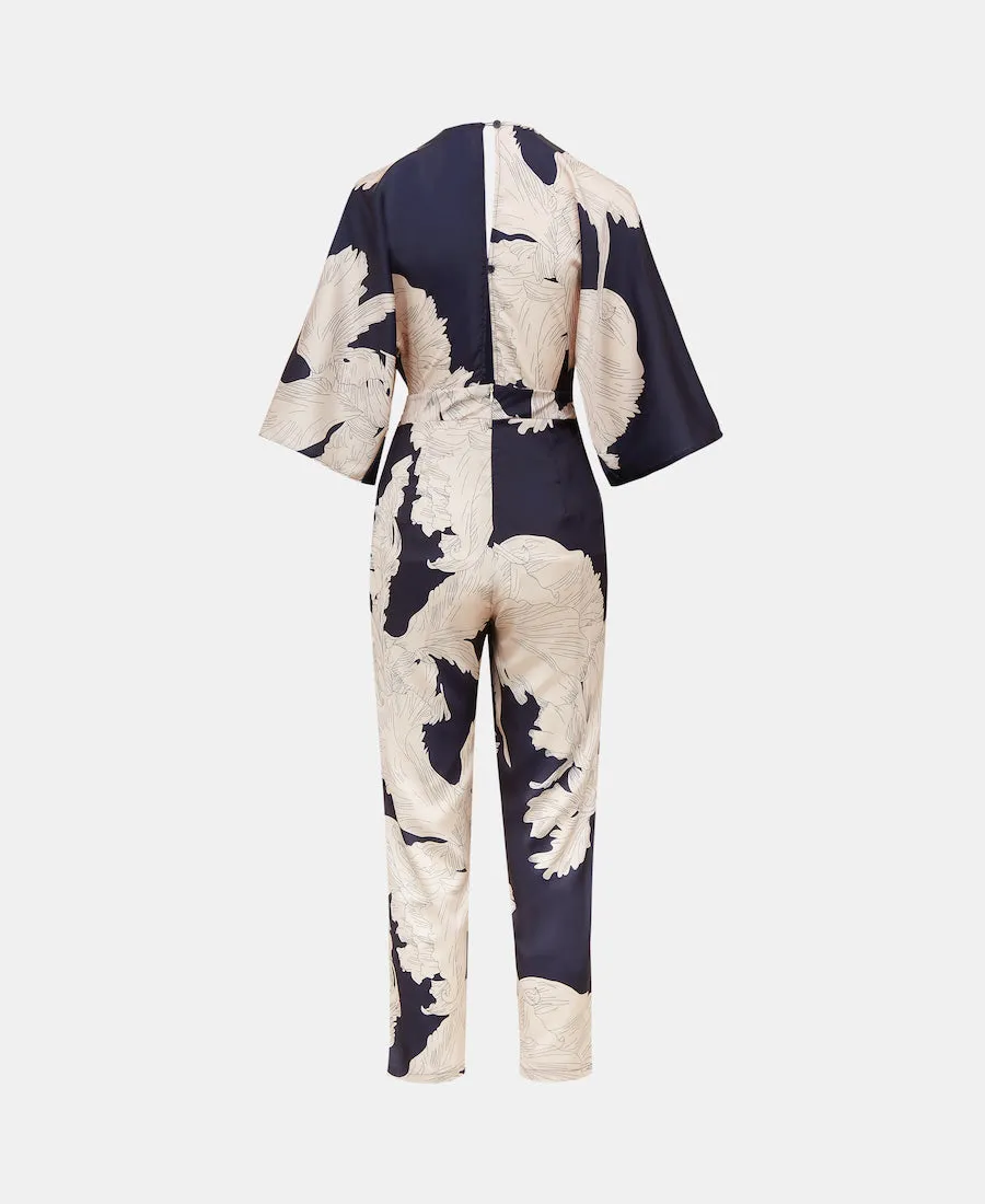 Navy Leaf Kimono Sleeve Jumpsuit