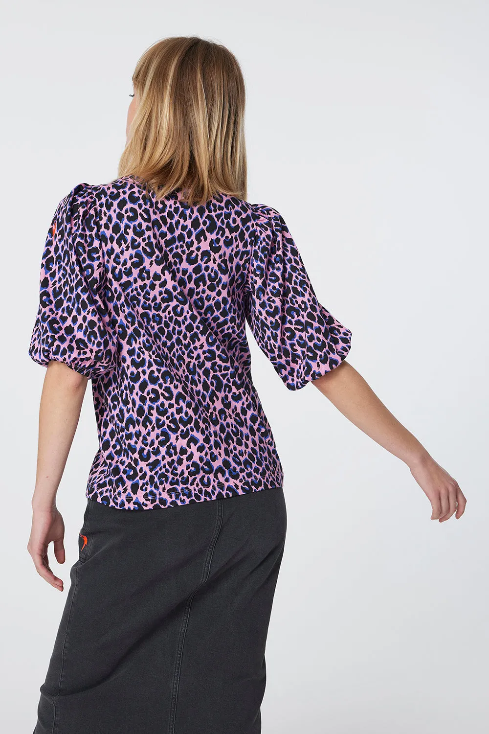 Pink with Blue and Black Shadow Leopard Puff Sleeve T-Shirt