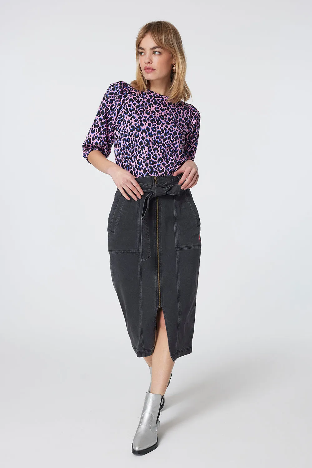 Pink with Blue and Black Shadow Leopard Puff Sleeve T-Shirt