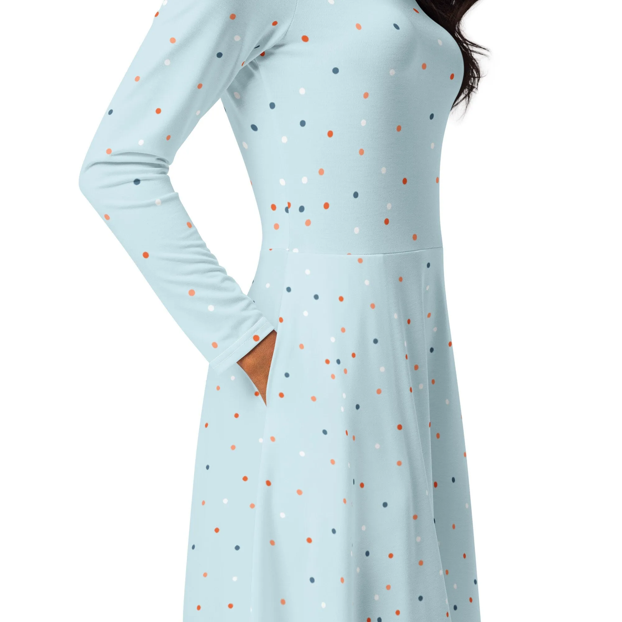 Powder Blue Polka Dot Long Sleeve Midi Dress with Pockets