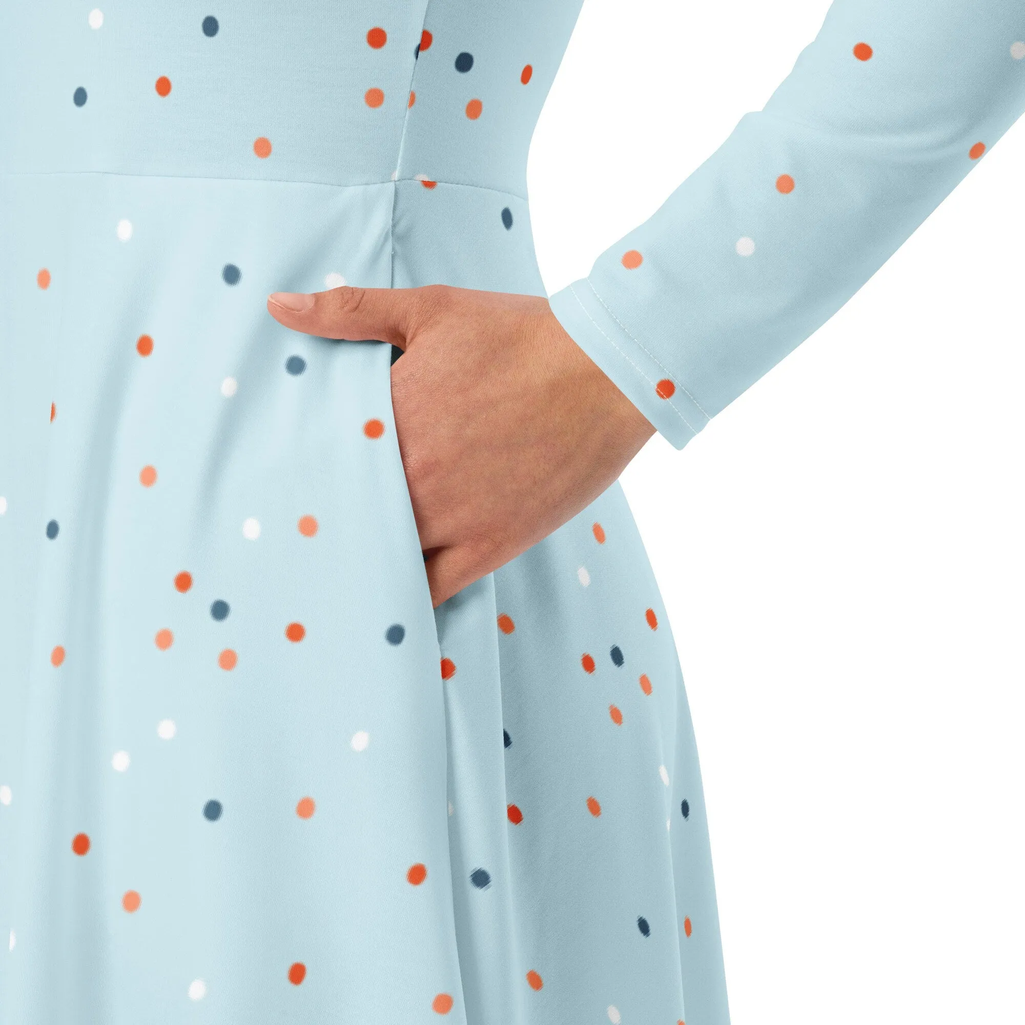 Powder Blue Polka Dot Long Sleeve Midi Dress with Pockets
