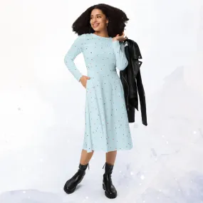 Powder Blue Polka Dot Long Sleeve Midi Dress with Pockets
