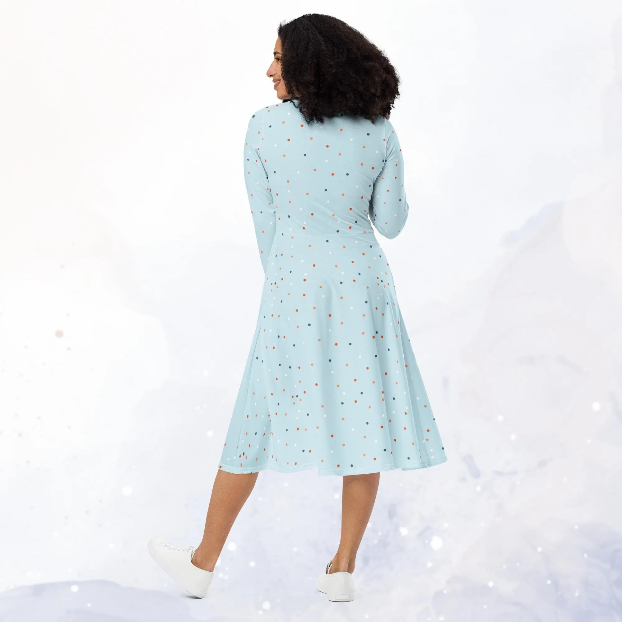 Powder Blue Polka Dot Long Sleeve Midi Dress with Pockets