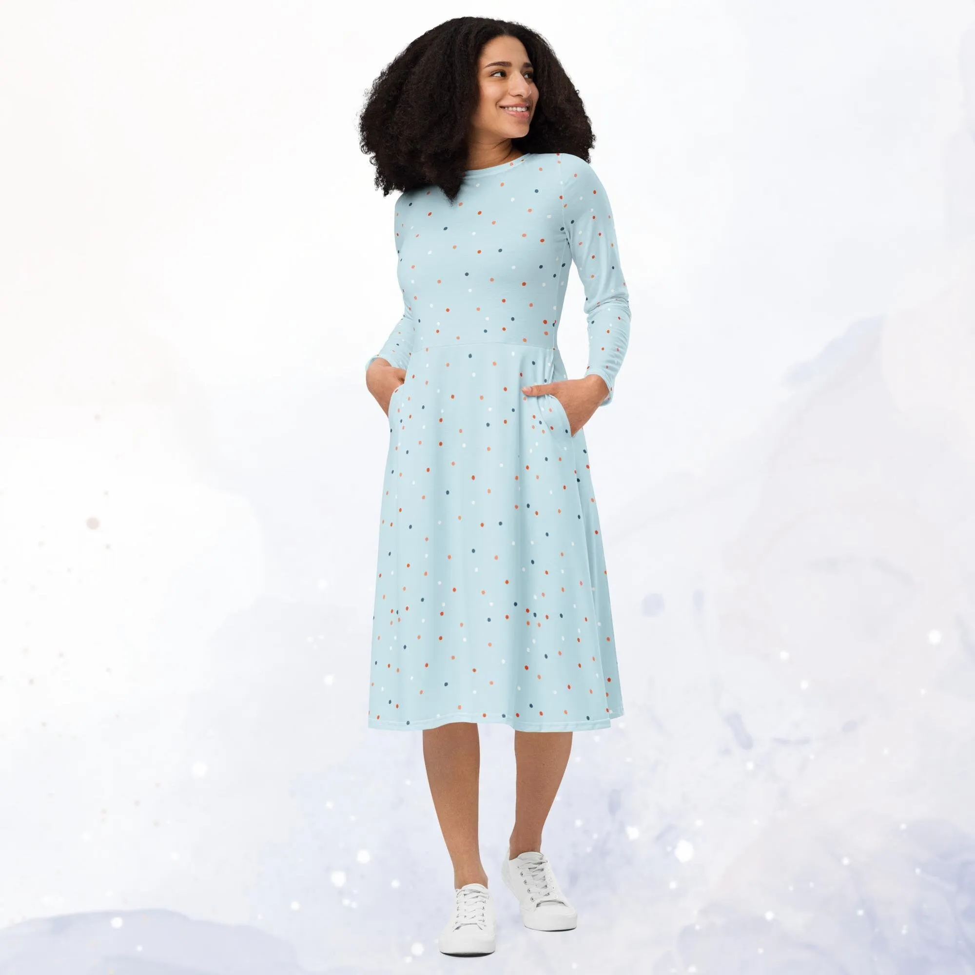 Powder Blue Polka Dot Long Sleeve Midi Dress with Pockets