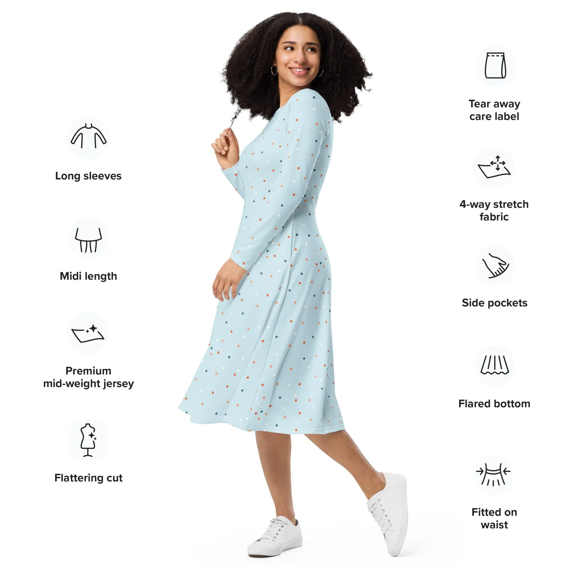 Powder Blue Polka Dot Long Sleeve Midi Dress with Pockets