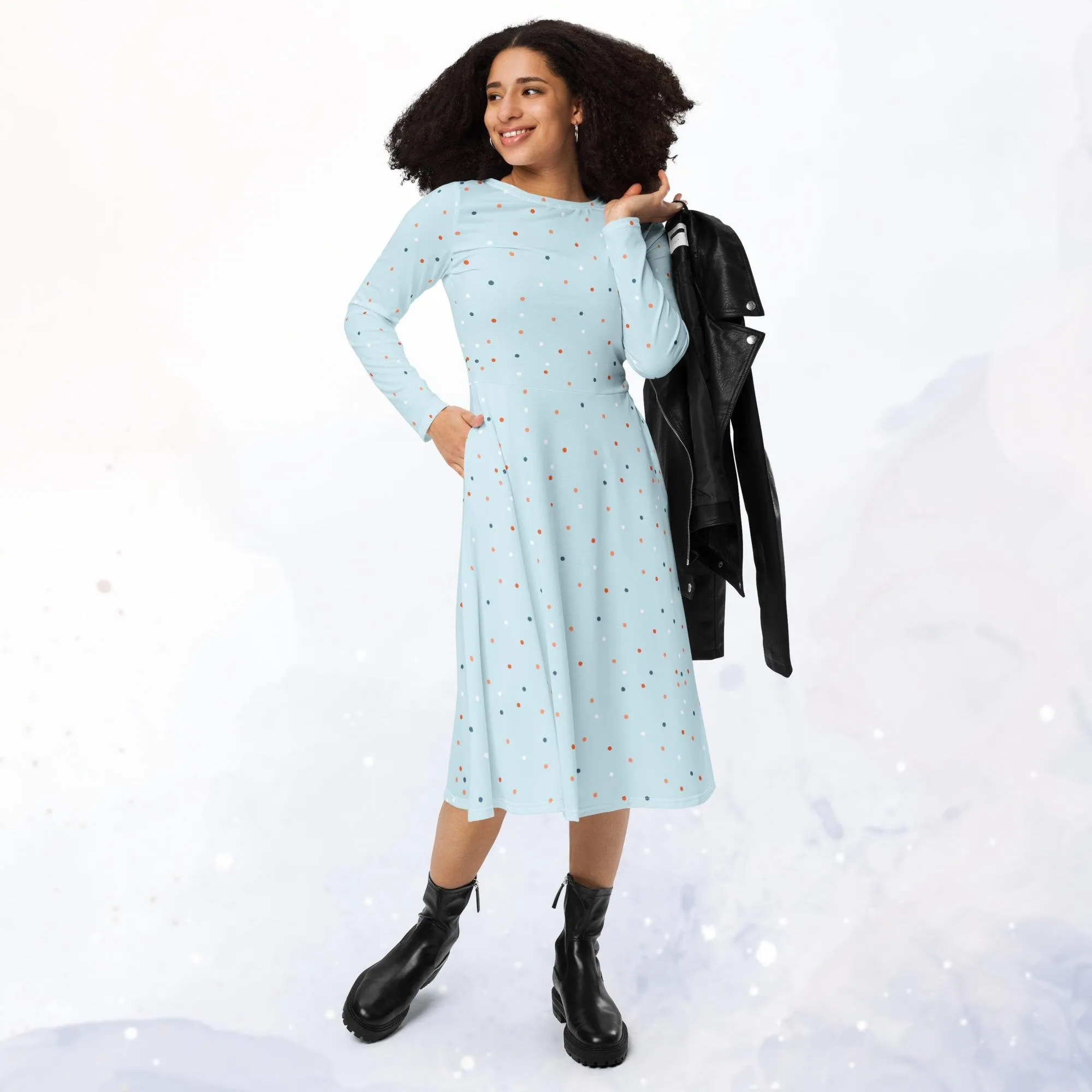 Powder Blue Polka Dot Long Sleeve Midi Dress with Pockets