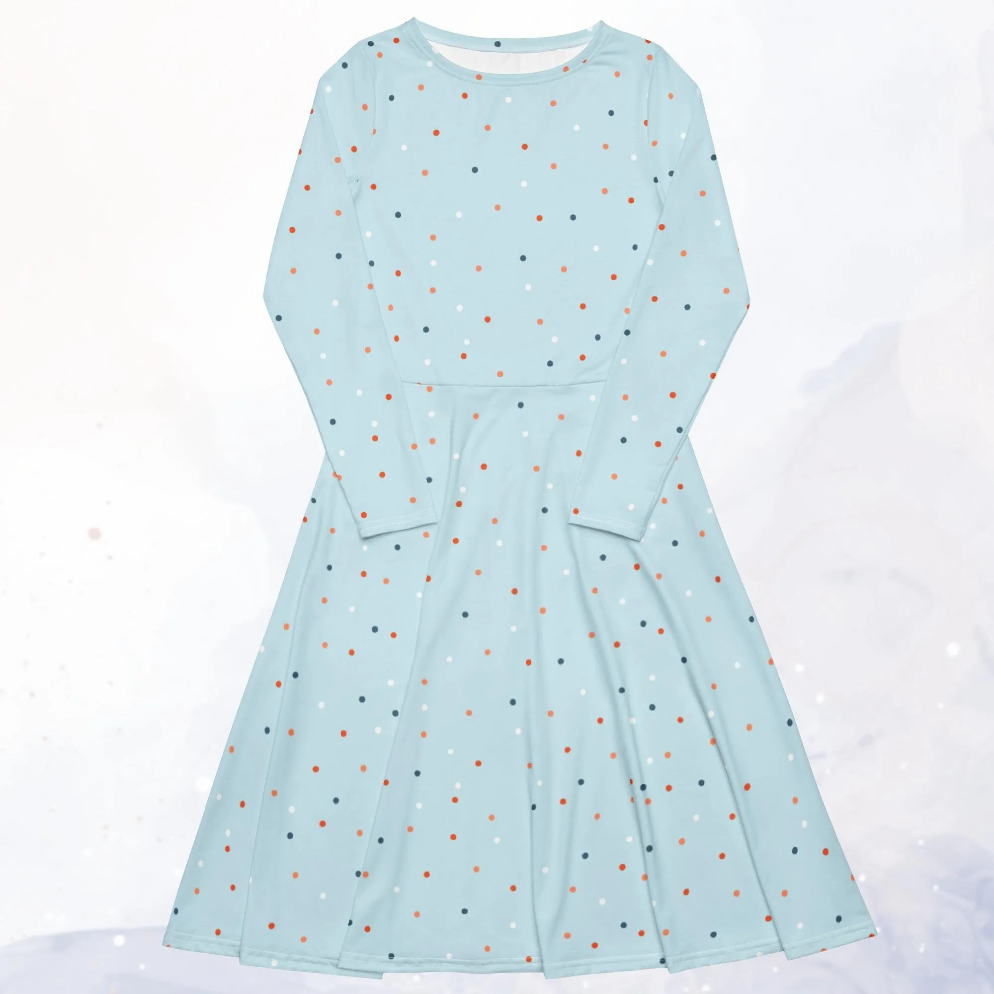 Powder Blue Polka Dot Long Sleeve Midi Dress with Pockets
