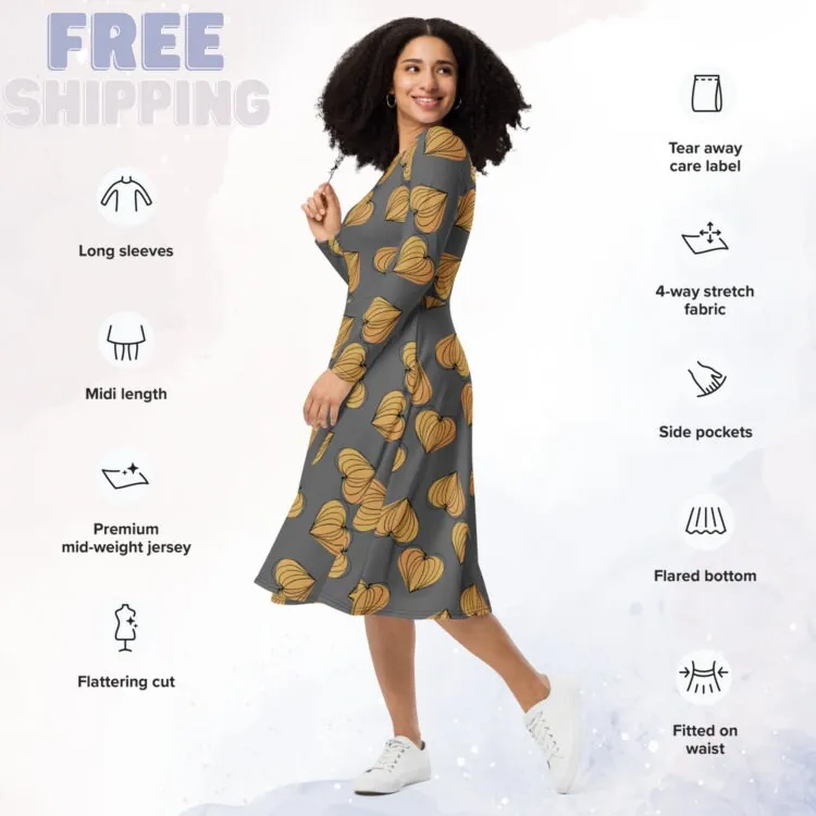 Pumpkin Hearts Grey Comfy Long Sleeve Midi Dress for Moms and Teachers