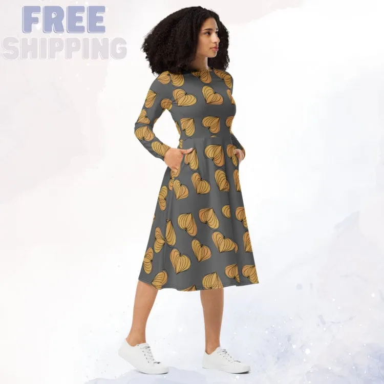 Pumpkin Hearts Grey Comfy Long Sleeve Midi Dress for Moms and Teachers