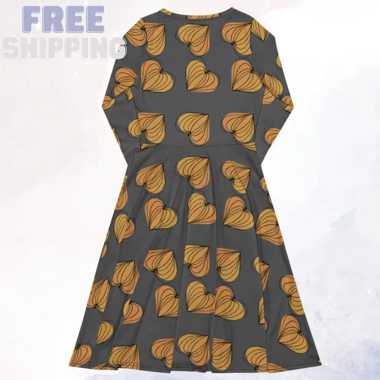 Pumpkin Hearts Grey Comfy Long Sleeve Midi Dress for Moms and Teachers