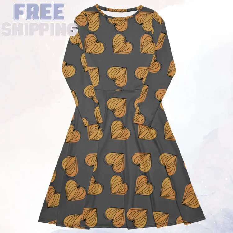 Pumpkin Hearts Grey Comfy Long Sleeve Midi Dress for Moms and Teachers
