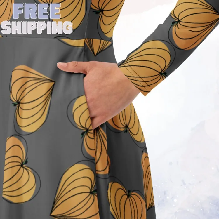 Pumpkin Hearts Grey Comfy Long Sleeve Midi Dress for Moms and Teachers