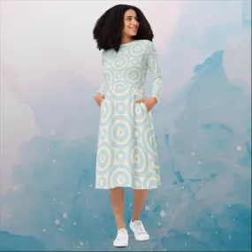 Robins Egg Blue Printed Target Circles Womens Long Sleeve Midi Dress