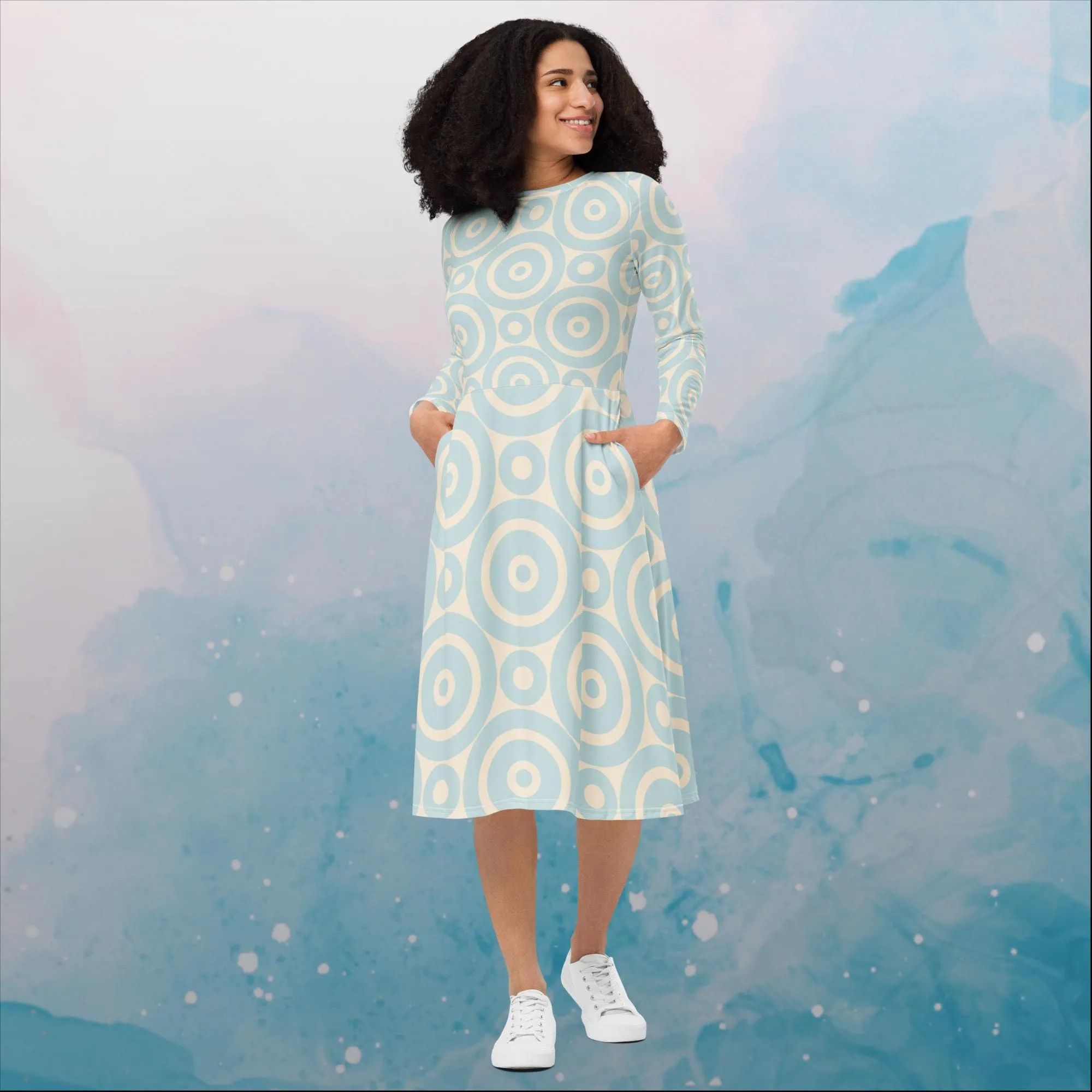 Robins Egg Blue Printed Target Circles Womens Long Sleeve Midi Dress