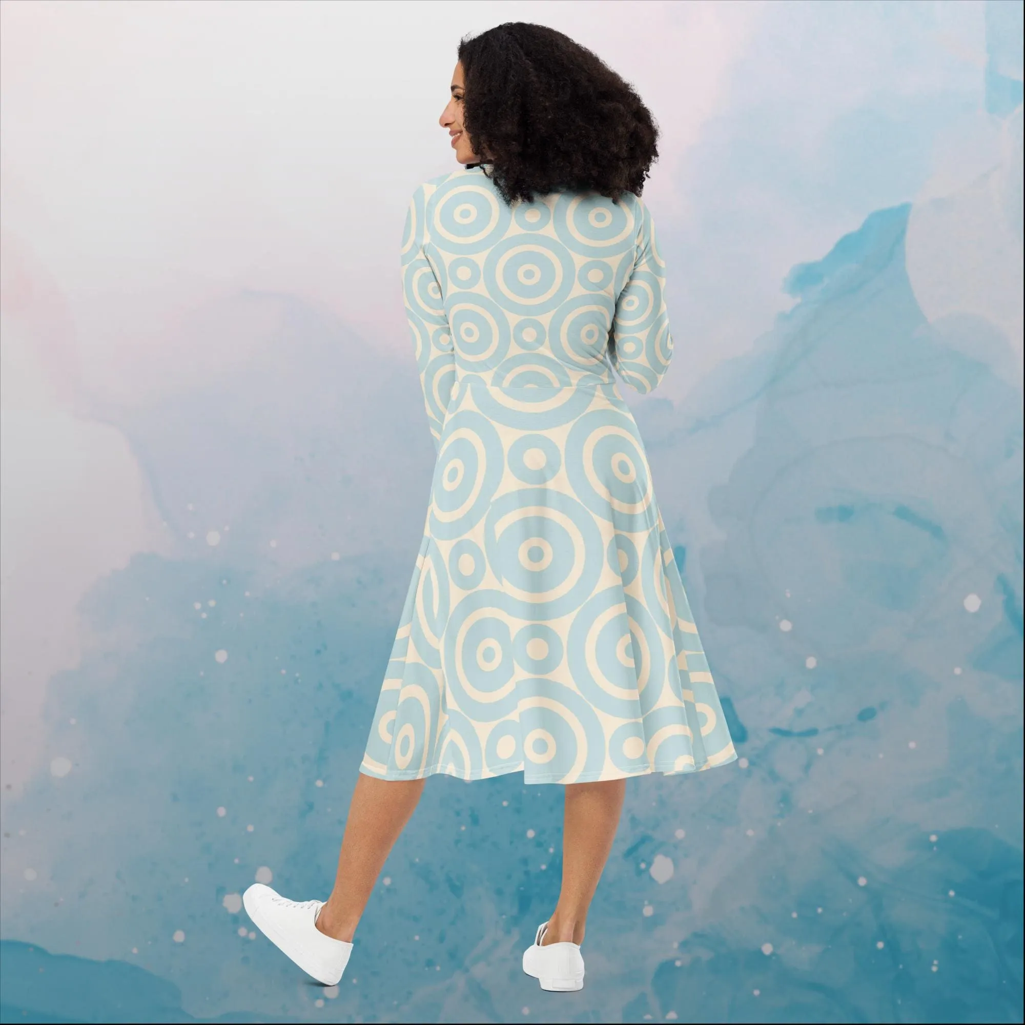 Robins Egg Blue Printed Target Circles Womens Long Sleeve Midi Dress