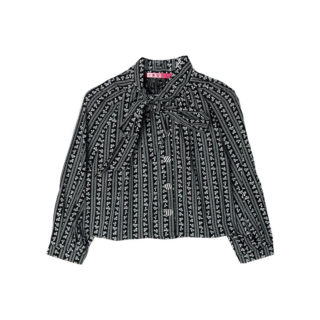 SAMPLE - Big Bow Blouse Cropped - Black Micro Floral