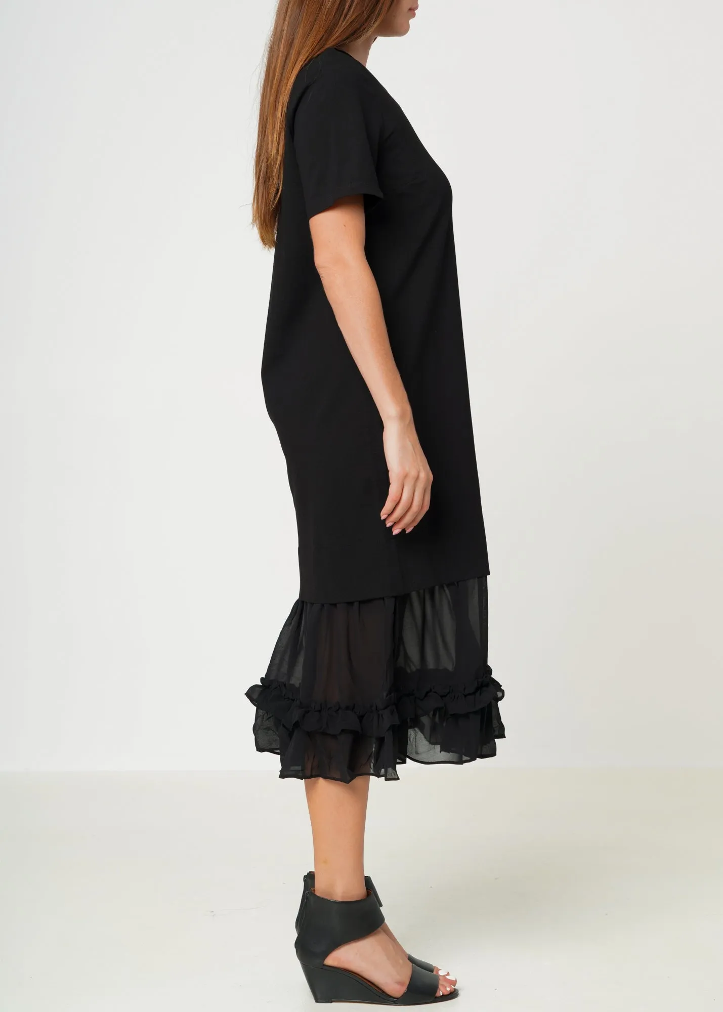 Sheer Contrast Ruffle Hem Midi Dress In Black
