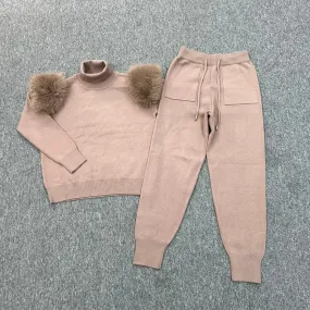 Taupe Faux Fur Shoulder Roll Neck Jogger Tracksuit