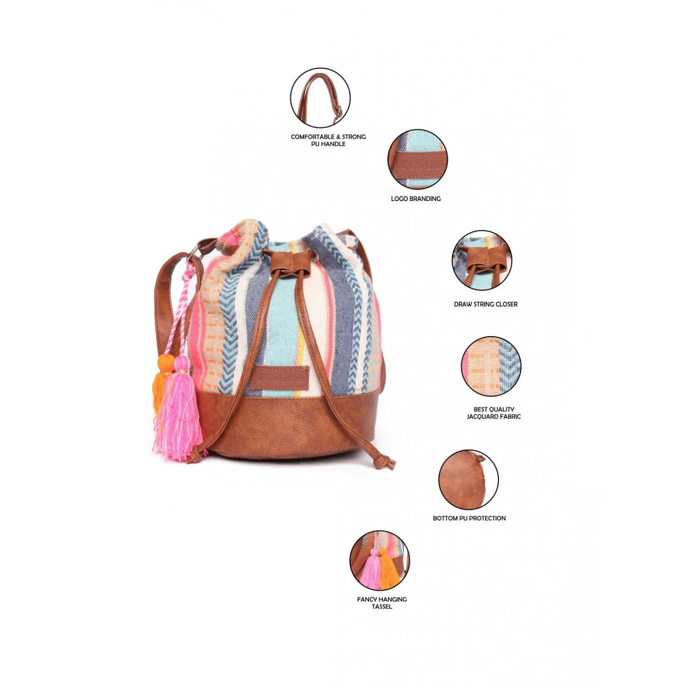 Women Multi Aztec Jacquard Sling Bag With Drawstring Closure