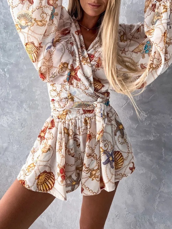 Women's Nautical Print Puff Sleeve Tie Wrap Playsuit