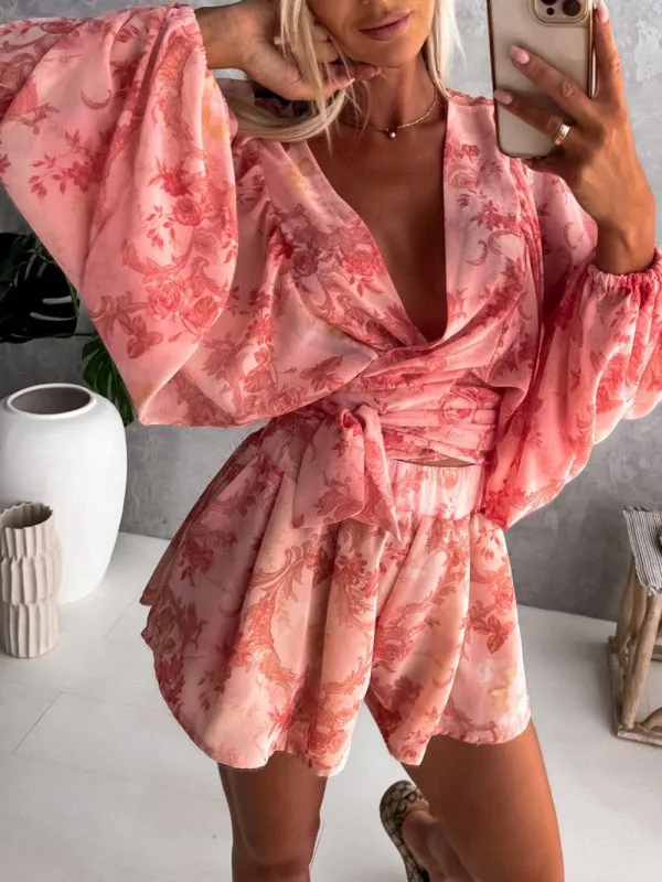 Women's Nautical Print Puff Sleeve Tie Wrap Playsuit