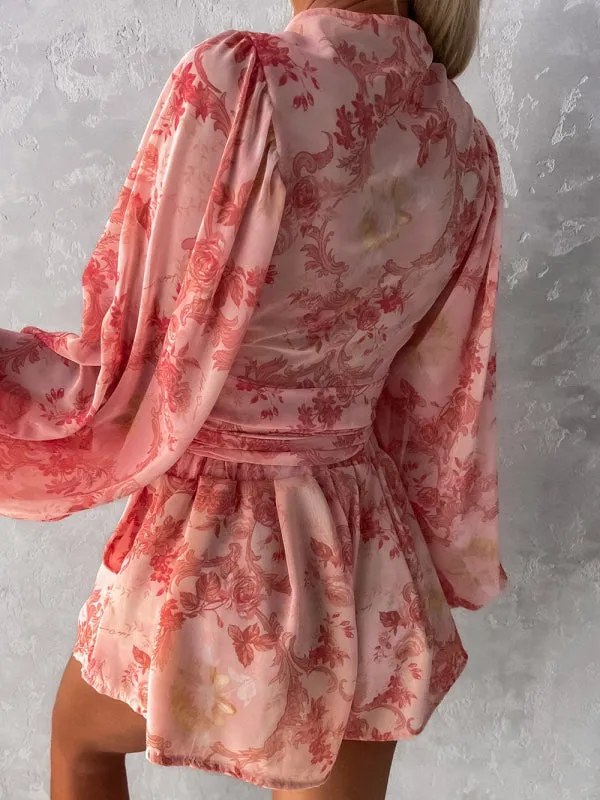 Women's Nautical Print Puff Sleeve Tie Wrap Playsuit