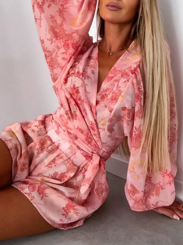 Women's Nautical Print Puff Sleeve Tie Wrap Playsuit
