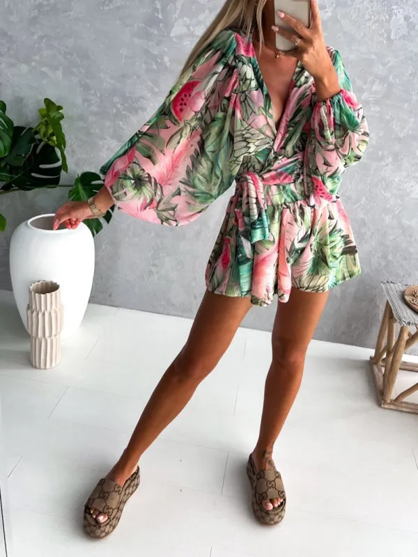 Women's Nautical Print Puff Sleeve Tie Wrap Playsuit