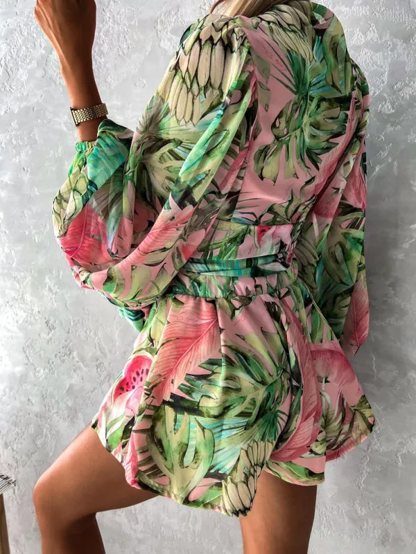 Women's Nautical Print Puff Sleeve Tie Wrap Playsuit