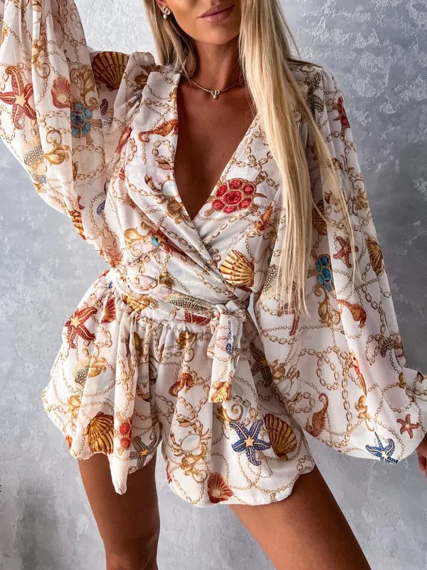Women's Nautical Print Puff Sleeve Tie Wrap Playsuit
