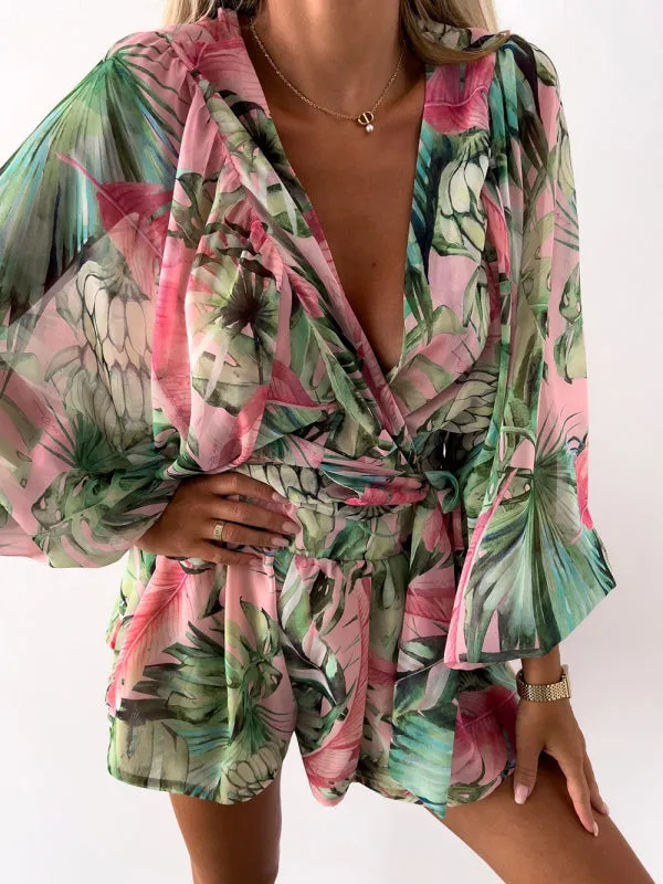 Women's Nautical Print Puff Sleeve Tie Wrap Playsuit