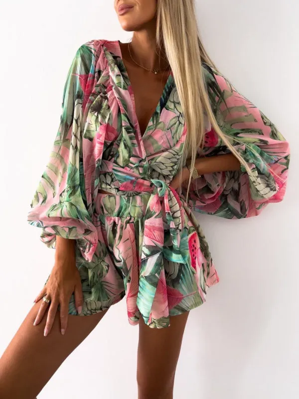 Women's Nautical Print Puff Sleeve Tie Wrap Playsuit